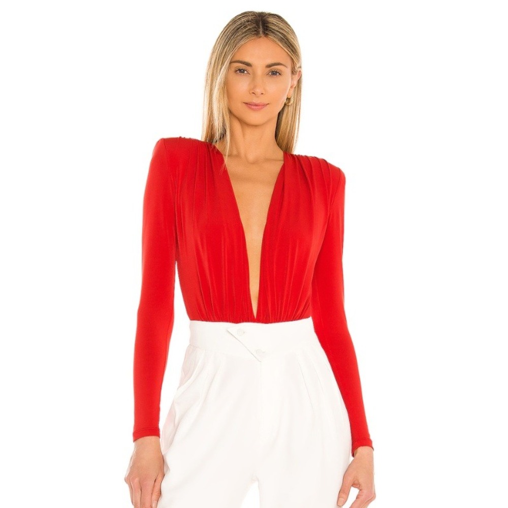 Nookie‎ Red Deep V-Neck Pleated Long Sleeve Bodysuit Size L Shoulder Pads Thong